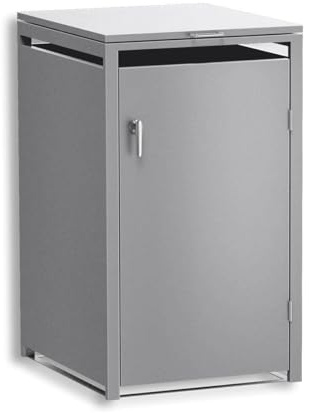 Metzler Mülltonnenbox 1er 240L in Graualuminium, Mülltonnenverkleidung für 1 Tonne abschließbar und mit Automatikdeckel - Pulverbeschichteter Stahl in RAL9007, Müllbox für Einzeltonne rostfrei