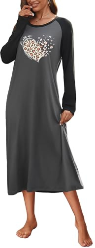 Ekouaer Chemise De Nuit Femme Longue Manches Longues Hiver Chaude Col Rond Imprimé Grande Taille, Gris Foncé, XL