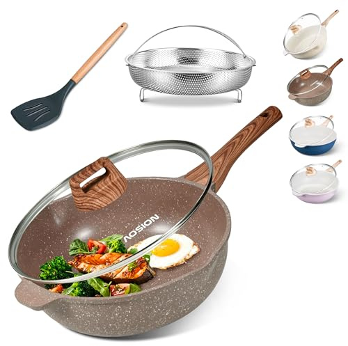AOSION Poêle à frire profonde en céramique antiadhésive de 27,9 cm avec couvercle, sauteuse de 4,5 l pour cuisiner avec grille à vapeur, grande poêle saine, poignée qui reste froide, compatible avec