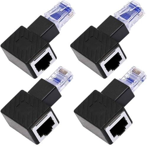 Xiatiaosann 4-teiliger 90 Grad Ethernet-Adapter, RJ45-Stecker auf Buchse, Verlängerung, Cat6-LAN-Netzwerkanschluss für Drucker, Computer, Laptops, Router (linker + rechter Winkel)