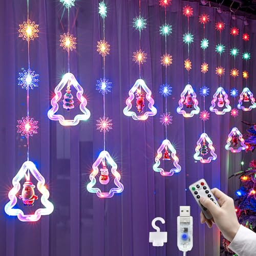 Schneeflocken Sterne Lichterkette 3M USB Weihnachten Lichter 8 Modes 110 LEDs Lichtervorhang Lichter mit Remote Weihnachtsmuster Weihnachtsbeleuchtung für Weihnachten Hochzeit Schlafzimmer Deko