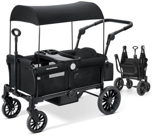ELEMARA Foldable Wagon Stroller, Stroller Wagon for 2 Kids, Premium All Terrain Wagon for Kids with Removable Canopy, Adjustable Push/Pull Handle, Harnesses, Large Storage Bag, Black