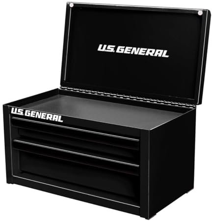 U.S. GENERAL U.S. GENERAL Mini-Werkzeugkasten aus Stahl, 2 Schubladen mit magnetischem Verriegelungsmechanismus und oberer Aufbewahrung, PVC-Auskleidung, schwarzer Rand (1, Schwarz)