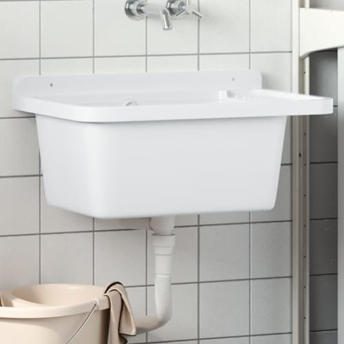 Brokky Lavandino di Servizio a Parete Bianco 60x40x28 cm in Resina|Vasca in Resina, Fissaggio a Parete, Compatto,Resistente agli acidi di Uso Comune, Lavanderia, Garage, Esterno
