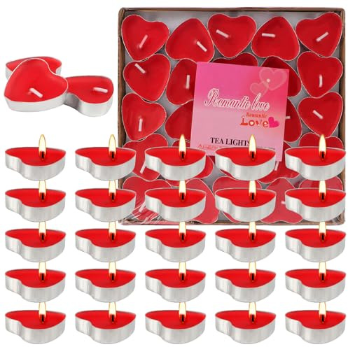 50 PCS Valentine's Day Candle Decoration Red Tealights Candles in Bulk Red Heart Candles for Valentine's Day Weddings Birthdays Holidays Home Decor