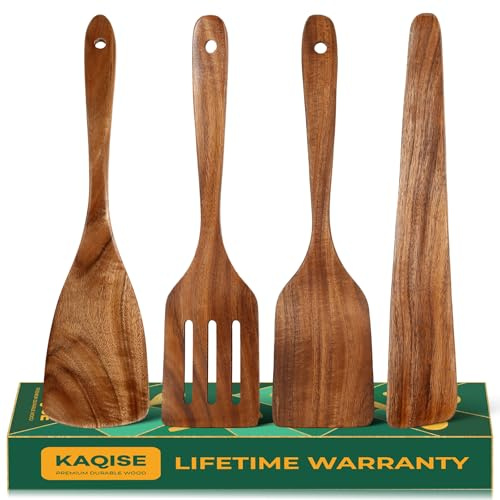 KAQISE 4PCS Wooden Spatulas for Cooking, NonToxic Teak Wood Cooking Utensils - Flat Spatula Turner Slotted Spatula Spurtle Scraper for Frying, Heat-Resistant Wooden Kitchen Utensils Set for Xmas Gifts