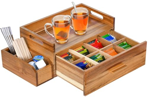 Acacia Wood Tea Bag Organizer, Wooden Tea Bag Storage Organizer with Drawer and Side Storage Box for Kitchen Office Tea Bar, Teabag Holder Container Boxes for Countertop, Tea Organizer Caddy