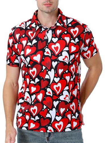COSAVOROCK Valentines T-Shirt Herrpolotröjor Kortärmad Dräkt, Hjärta, XL