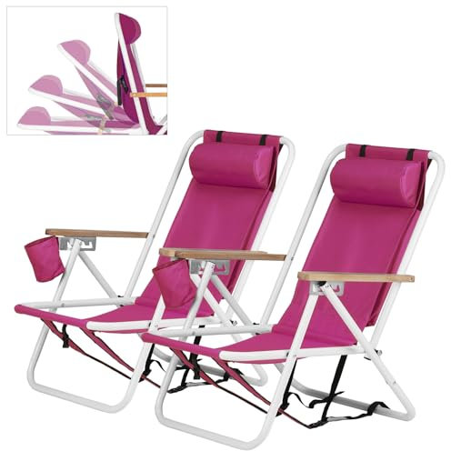 Outopee Set of 2 Folding Beach Chair, Portable Camping Backpack Beach Chair with 4 Level Positions, Adjustable Headrest, Cup Holder for Fishing Poolside Picnic, 120kg Capacity, Barbie Pink