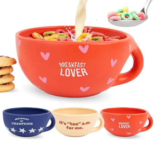 Fisura – Bol desayuno original “breakfast lover”. Tazas desayuno roja de 490 ml. Taza de café grande. Bowl de cerámica para café. Cuenco para muesli. 16,5 cm x 7,5 cm