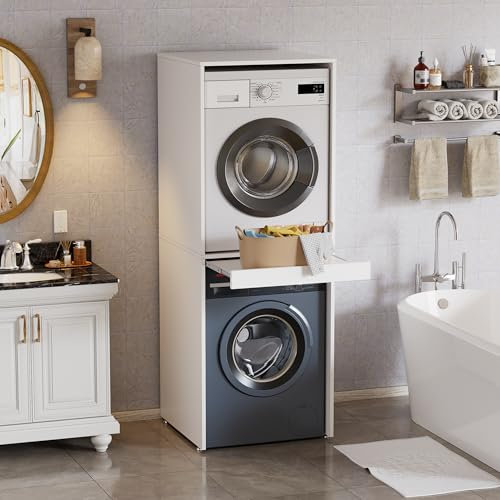 MSFE Mueble Lavadora Secadora con Estante Deslizable,Kit de Apilamiento para Lavadora y Secadora,Armario para Lavadora de Tambor,180 x 65 x 66cm,capacidad de carga 100kg,Fijado a la pared,dos paquetes