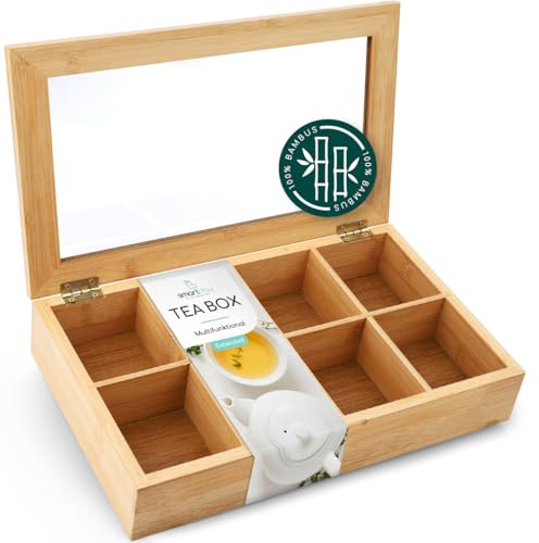 smartday Teebox aus Bambus mit Sichtfenster – Teebeutelbox mit 8 Fächern I Tee Aufbewahrungsbox aus Holz I Multifunktionale Teekiste für Küche, Büro & Esszimmer