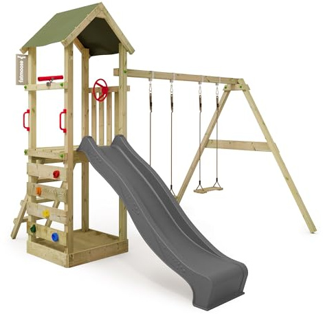 Fatmoose Aire de Jeux KiwiKey Kick XXL avec Balançoire, Toboggan Double Vague, Bac à Sable, Échelles d'escalade, Volant, Télescope SpecialSpy, en Bois Massif Imprégné pour Jardin - Anthracite