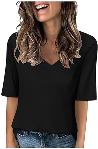 Haut Noir Demi-Manches Col en V Chemises Décontractées Coupe Ample Blouses Imprimées Longueur Coude Allaitement Tops, Noir , L