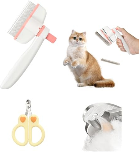 Hundborste med vridhuvud och självrengöring – kattborste och hundkam för kort hår – inkl. nagelklippare – pälsvårdsset i rosa och gult