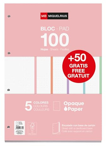 Miquelrius - Bloc de Recambio A4, 150 Hojas Punteadas Dots, 5 Colores | Folios Encolados con Base de Cartón, Papel 90 g/m² y Perforaciones Estándar para Carpeta de Anillas, Material Escolar