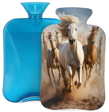 Mexpekil Wärmflasche mit weichem Flanellbezug, 2 l, großer Wärmbeutel zur Schmerzlinderung, warme Hände, Füße und Körper, ideales Geschenk für Erwachsene und Kinder (laufende Pferde)