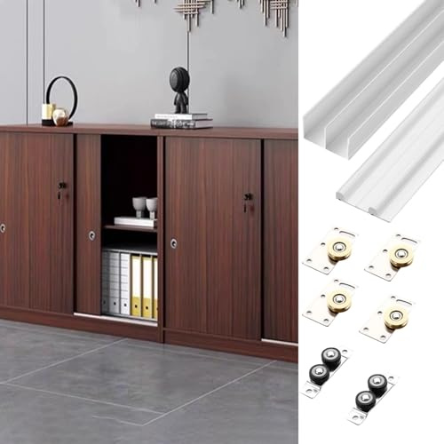 Sliding Closet Door Hardware Kit for 2 Bypass Door, Interior Pocket Door Rollers Rail with Lower Track, Kitchen, Cabinets, Study Sliding Door Track(White,46inch/116.8cm)