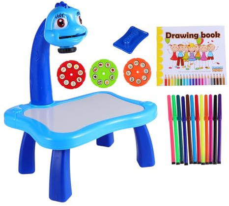 FRCOLOR Table de Dessin Projection Créative pour Garçon Fille Planche Plastique Multifonction Bureau Éducatif Ludique avec Tableau Écriture et Motif Cartoon Modèle Bleu