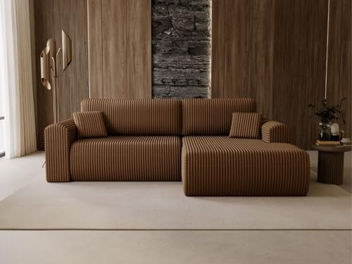 GRAINGOLD Belvio Ecksofa 257x177 cm, L-Form Sofa, Schlafcouch für Wohnzimmer, Velour, 3-Sitzer Eckcouch, Modernes Design (Braun, Rechts)