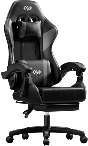 HLFURNIEU Silla Gaming Ergonómica, Silla Gamer con Reposacabezas y Reposapiés Retráctil, Cadeira Gaming con Soporte Lumbar, Sillon Gamer Altura Ajustable, Negro y Gris