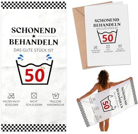 LOOBEAR Lustige Geschenk 50 Geburtstag Männer Frauen - 160 X 80 cm Mikrofaser Strandtuch & Badetuch mit Geburtstagskarte Strandhandtuch Schnelltrocknend Badetücher Saunatuch Damen Herren (50)