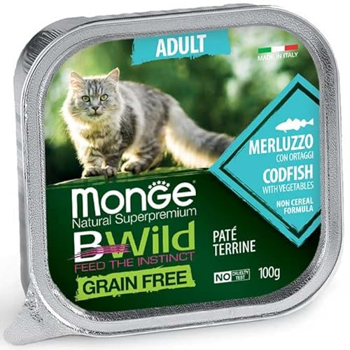 Monge BWild Grain Free Paté Terrine per Gatti Adulti, Merluzzo con Verdure, 12 Vaschette da 100g