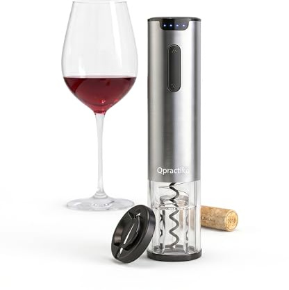 Qpractiko Sacacorchos eléctrico recargable, LED y USB | Acero inoxidable, 70 botellas por carga, corta cápsulas incluido, uso sencillo