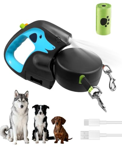 Laisse Double pour 2 Chiens Rétractable 3 m, Laisse Chien Enrouleur Anti-Nœuds 360°, Freins Indépendants, LED Intégrée, Corde Réfléchissante, Distributeur de Sacs pour Petits et Moyens Chiens