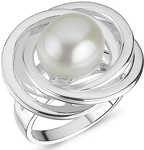 Vinani Damen Design Ring 925 Sterling Silber – Spiralförmiger Ring mit Süßwasserperle, Glänzende Oberfläche, Elegantes zeitloses Schmuckstück für Frauen, Handgefertigt Größe 56, 2RLT56