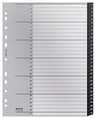 Leitz Register, Numrerade Flikar 1-31, A4-storlek, Extra Brett, 90% Återvunnen Plast, Miljövänlig, Premium Kvalitet, Recycle-serien, Svart, 12180095