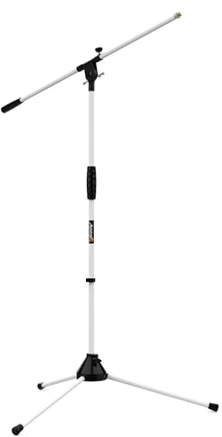 Audibax Ayra 10 White - Soporte para Micrófono de Suelo - Soporte con Brazo Regulable y Clip para Micrófono - Pie para Micrófono con Base de Trípode - Diseño Plegable y Ajustable en Altura