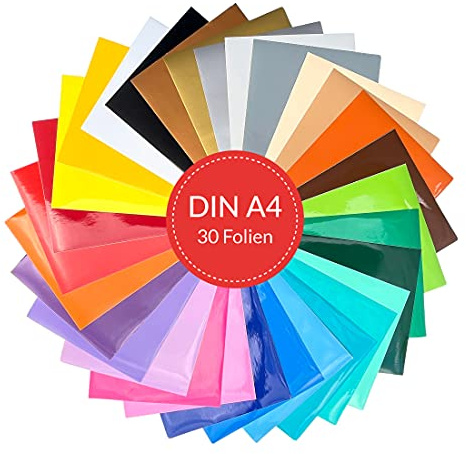 PrintAttack D009 Vinylfolien Set selbstklebend DIN A4 Ora. 621 glänzend Plotter Folien zum Plotten Bastelfolie Klebefolie viele Farben Mix Bunt je 21x29,7cm (V2: 30er-Set Bunt Glanz)