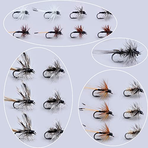 Trockenfliegen zum Fliegenfischen, ein Dutzend, Caddis Fallschirm, Dorato, Hasenohr, Elch Hari, Griffith's Gnat, Hemmingway, Fallschirmadams, Royal Coachman, Peg's Midge (Drake 6 Farben)