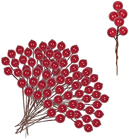 100 mini bacche di agrifoglio artificiali di Natale, ramoscelli di bacche rosse artificiali, bacche rosse, bacche invernali, mazzetti per ghirlande di Natale, decorazioni per albero di Natale