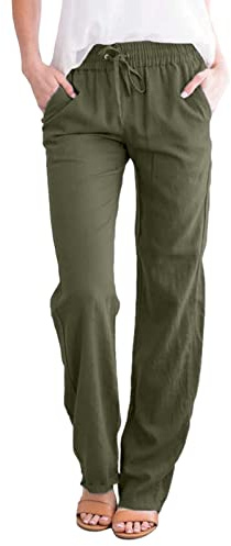 Yuson Girl Mujer Pantalones Casuales de Lino de Algodón Cintura Alta Elasticos Pantalones Verano Causal Flojo Largos Playa con Bolsillos y Pantalones de Cómodos(Verde, L)