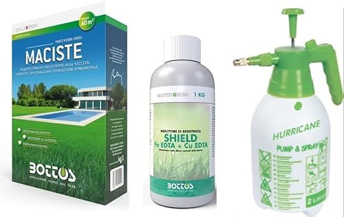 Maciste, Sementi per tappeto erboso ideale per zone aride 1Kg (40mq) + Concime Liquido Shield 1kg Bioinduttore delle difese naturali delle piante,Bottos con Pompa Nebulizzatore da 2L