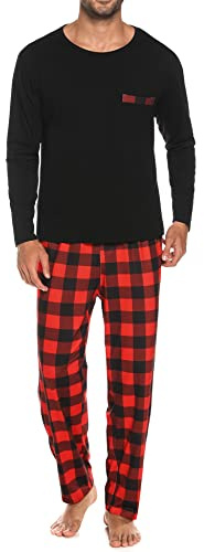 Sykooria Pyjamasset för män, skotskrutig, bomull, nattkläder, set, långärmad, pyjamasöverdel och full längd, pyjamasunderdel med fickor, 804 – röd, L