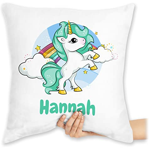 Kissen 40x40 Zierkissen - Einhorn Wunschname Personalisiert mit Namen Unicorn Custom Gift Einhörner - 40 x 40 cm - Weiß - einhornkissen Unicorns Einhorn-Kissen einhörnern kuschelkissen