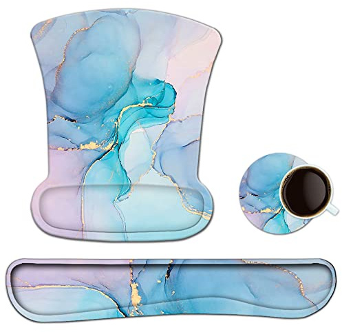 newplenty Mauspad mit Handauflage, Mauspad mit Gelkissen und Ergonomische Memory Foam Tastatur Handgelenkauflage Set Mit Untersetzer, Wasserdicht Mausunterlage für Computer und Laptop(Marmor 2)