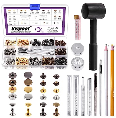 Swpeet Leder Schnappverschlüsse Kit 160 Sets 12,5 mm Lederschnappverschlüsse und 8 mm Ledernieten Doppelkappennieten mit Befestigungswerkzeug Werkzeugsortiment, Doppelkappennieten