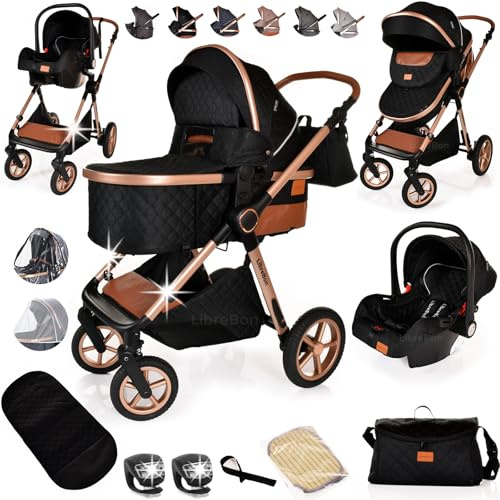 Baby Buggy Pram Pushchair Stroller 3 in 1 Child Lightweight Folding Stroller 3 in 1 Travel System Pram for Newborns & Toddlers from Birth Aluminum (Black - Rose Gold Frame)