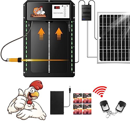 Proshine Automatisk hönshushållare med timer och fjärrstyrd ljussensor, solpanel, 5 torra batterier