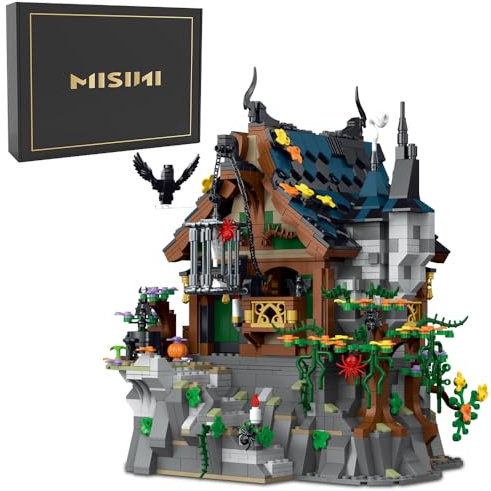 MISINI 033011 Mittelalterlicher Bausteine Haus Bausatz, Mittelalterliches Hexenhaus Architecture Modellbausatz für Erwachsene und Jugen, Klemmbausteine Haus mit LED, 1964PCS MOC Modular Buildings Set