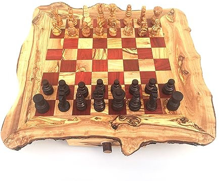 Schachspiel rustikal, Schachtisch Gr. XL inklusive 32 Schachfiguren, handgefertigt aus Olivenholz, Schach Geschenk.