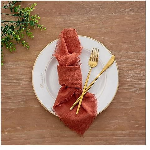 Yurosiay Gaze Servietten 6 Stück 30×30cm Stoffservietten Fransen Handgefertigte Gaze Servietten Mit Fransen Waschbare Servietten Leinenservietten Boho Tischservietten für Hochzeit Party Orange