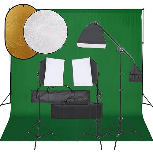 Homgoday Kit de Iluminación Fotográfica LED 23W 5600K, 3x Lámparas, Softbox 40x40cm, Fondo Verde 3x3m, Reflector 5 en 1