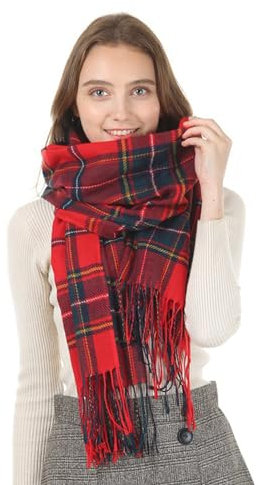 Simoda Damen Schal Kariert übergroßer Deckenschal Winter Karo Tartan Stola Mit Quasten Streifen Plaid Schal Fransen Poncho (Rot-grün)
