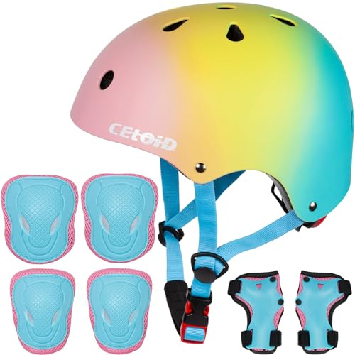 CELOID Kids Helmet Pad Set,Adjustable Kids Skateboard Bike Helmet Knee & Elbow Pads Wrist Guards 3-5-8yrs Kids Protective Gear Set for Girls Boys Bicycle Bike Roller Skating Scooter Rollerblade Sport