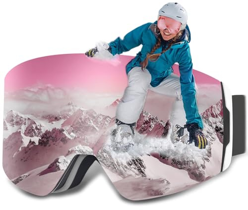 CARFIA Skibrille Damen Ski Brille für Brillenträger Rosa Silber 100% UV400-Schutz Snowboard Brille OTG Anti-Nebel Ski Goggles